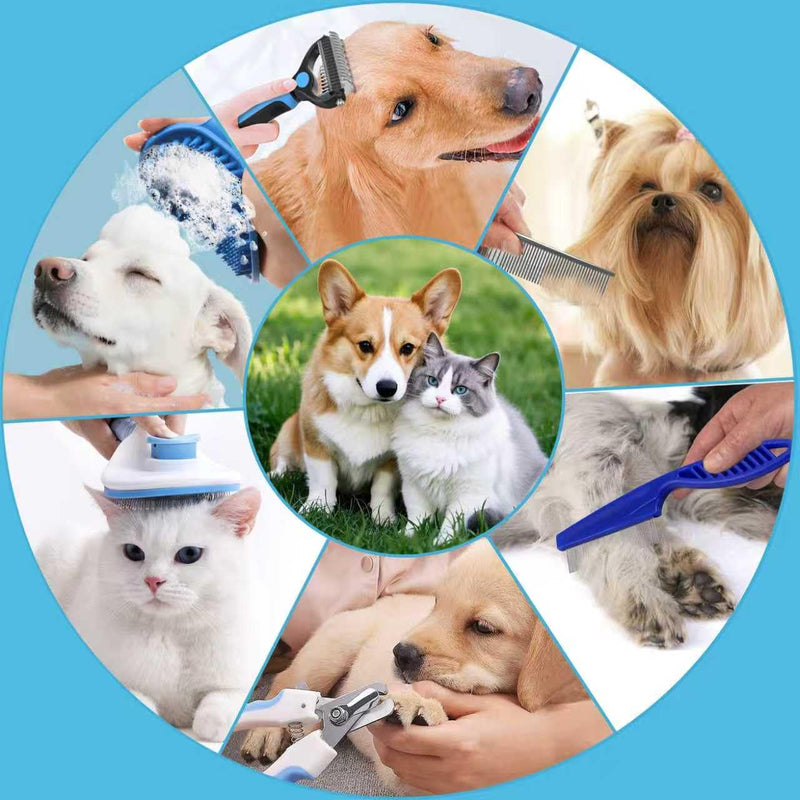 7PCS Dog Grooming Brush Kit for Shedding and Matted Fur, Self-Cleaning Slicker Brush with Undercoat Rake, Flea Comb for Long-Haired Pets, Blue - PawsPlanet Australia
