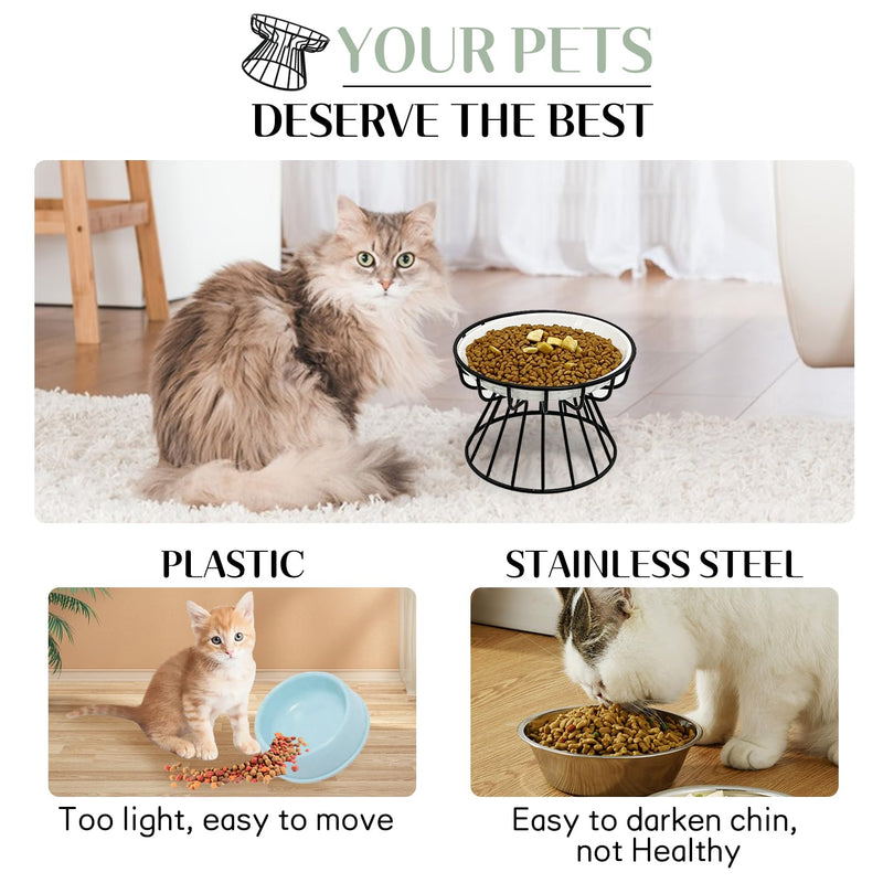 BNOSDM 2 Pcs Elevated Cat Bowls Ceramic Shallow Cat Food Bowl with Metal Stand, Raised Kitten Plate for Wet Food Anti Vomit Feeding Dish Set for Indoor Kitty and Small Cats Black【2 Pcs】 Fishbone - PawsPlanet Australia