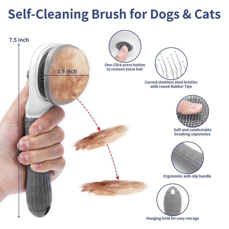 5 in 1 Dog Grooming Kit - Self-Cleaning Slicker Brush for Shedding Short Long Haired Dogs & Cats, Includes Pet Comb, Flea Comb, Bath Brush, Undercoat Rake - Complete Fur Care Set - Gray - PawsPlanet Australia