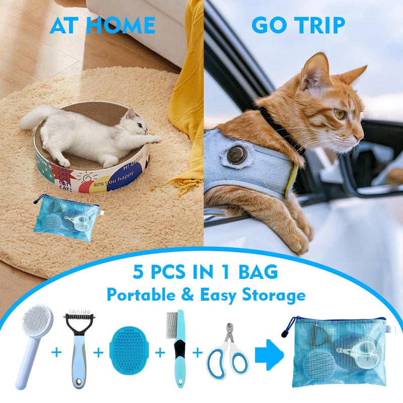 Grooming Brush Kit - 5pcs for Shedding & Matted Fur, Self-Cleaning with Flea Comb for Indoor Long-Haired Cats, Blue Blue Long - PawsPlanet Australia