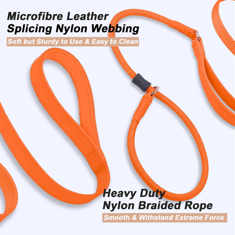 Slip Lead Dog Leash, Double Handle, Soft Leather & Nylon, 6ft Orange - PawsPlanet Australia