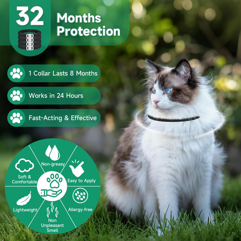4 Pack Cat Flea Collars, Cat Flea and Tick Treatment, 32 Months Protection Flea and Tick Prevention for Cats, Waterproof Flea Collar for Cats, Black
