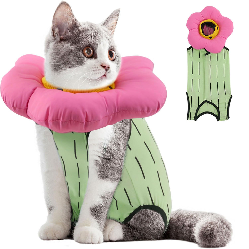 EMUST Cat Recovery Suit and Cat Cone Collar Set, Cute Cat Surgical Suit for Abdominal Wounds, Soft & Adjustable Flower Cat Cone Collar, Cat Cones After Surgery for Female Kittens Under 4lb(Green, S) Small Green