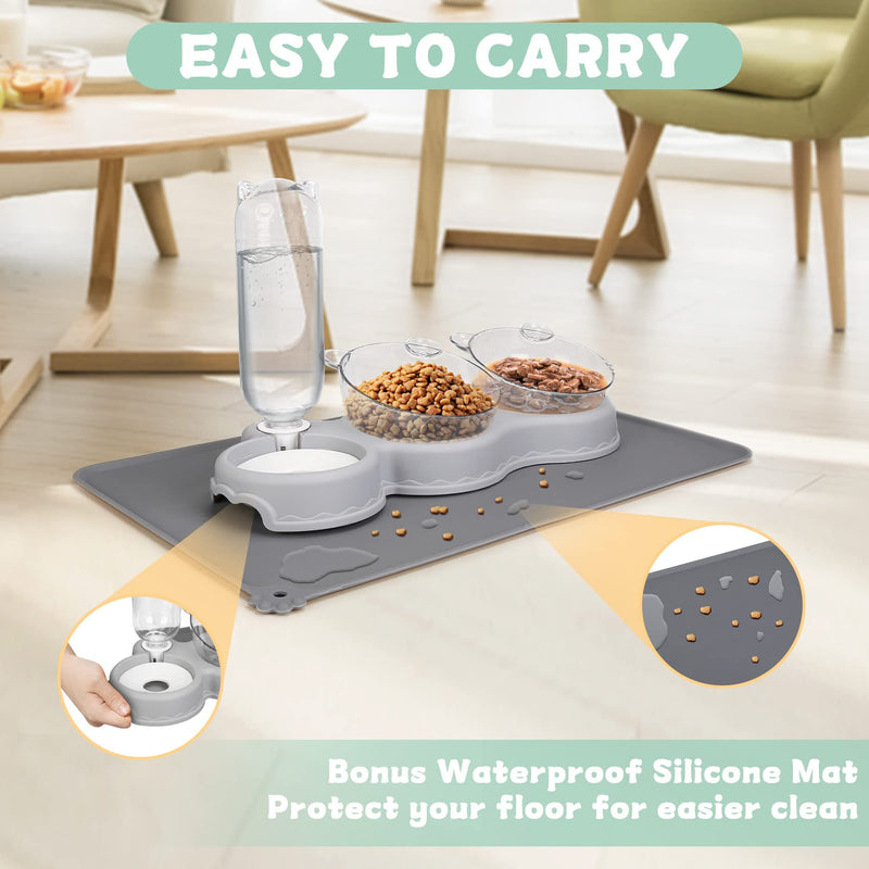 Triple Cat Bowls for Food and Water, YECERCAN Plastic Raised Cat Food Bowls with Automatic Water Bottle & Waterproof Mat for Cat/Small Dogs, 3 in 1 Pet Feeder for Wet/Dry Food Dark Gray - PawsPlanet Australia