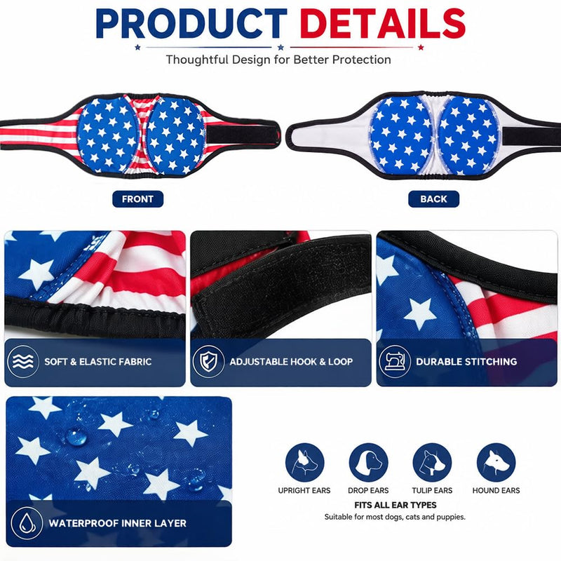 Dog Ear Muffs Noise Protection American Flag Patriotic Pet Covers Waterproof Swim Ear Protector Elastic Soft Snoods for Dogs Anxiety Relief Grooming for 4th of July (M) Blue Medium