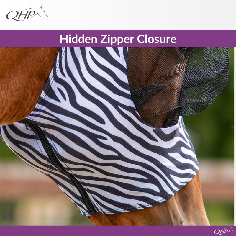 QHP Horse Fly Mask with Zipper | Lycra Stretch Fit | Bug-Eye Mesh | Ear Protection & Forelock Opening | Zebra, Navy & Unicorn | Cob & Full (Zebra, Full)