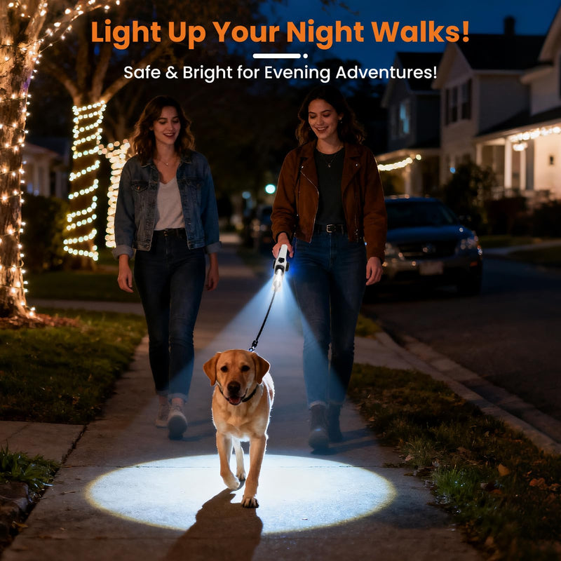 Retractable Dog Leash with USB Charged LED Light & Reflective Tape, 16FT Heavy Duty Pet Lead with Poop Bag Holder, Tangle-Free Leash for Dogs Walking Running Night Safety, Black - PawsPlanet Australia