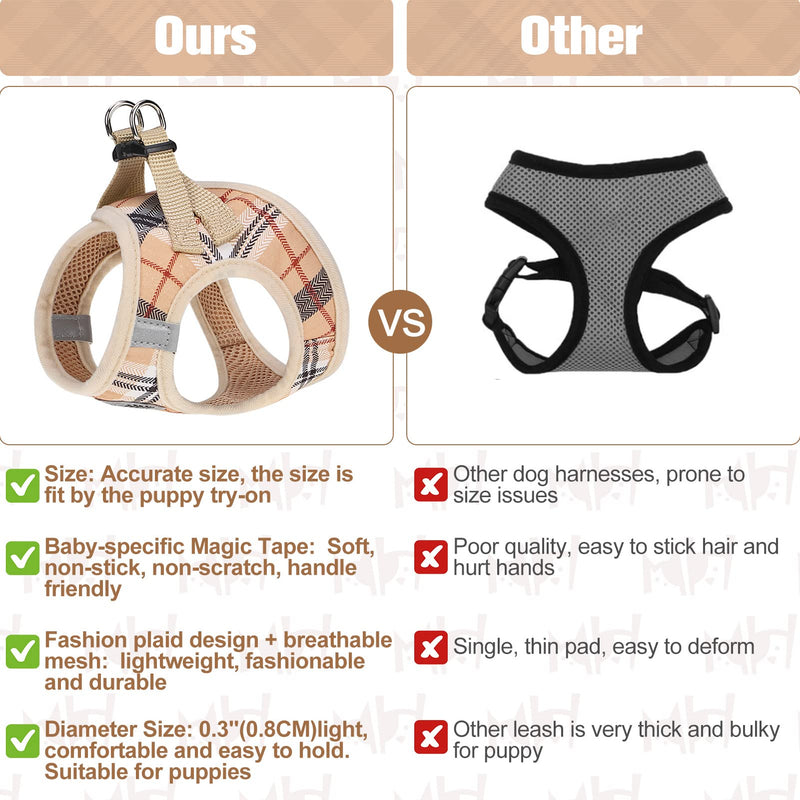 BEAUTYZOO Small Dog Harness and Leash Set,Step in No Choke No Pull Soft Mesh Dog Harnesses Reflective for Extra-Small Medium Puppy Dogs and Cats, Plaid Dog Vest Harness for XS S Pets, Beige XS XSmall(Chest Girth 13" - 14.5") - PawsPlanet Australia