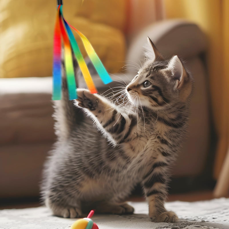 5 Pcs Cat Toys Wand Replacement, Interactive Kitten Rainbow Wand Toy, Portable Cat Teaser Wands, Cats Ribbon Refill Attachment Toys with Bell for Most Cats Kittens Small Pets - PawsPlanet Australia