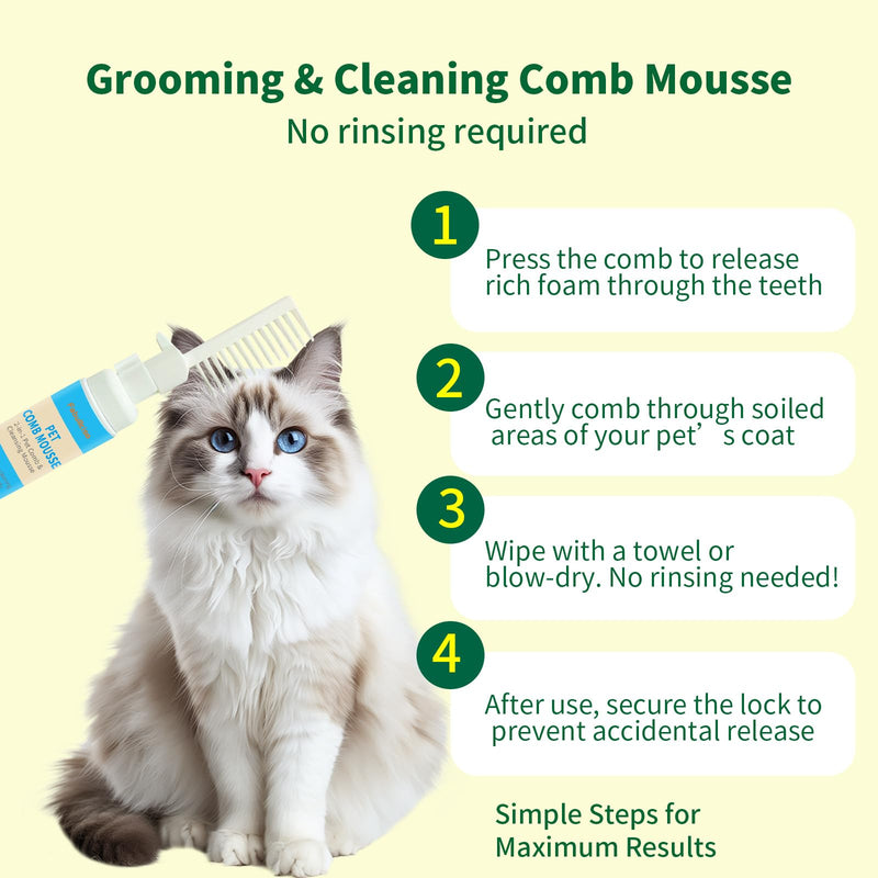 2-in-1 Pet Grooming Kit, Gentle Comb and Waterless Cleaning Mousse for Dogs and Cats, No-Rinse Foam for Fresh-Smelling, Soft, Tangle-Free Coats