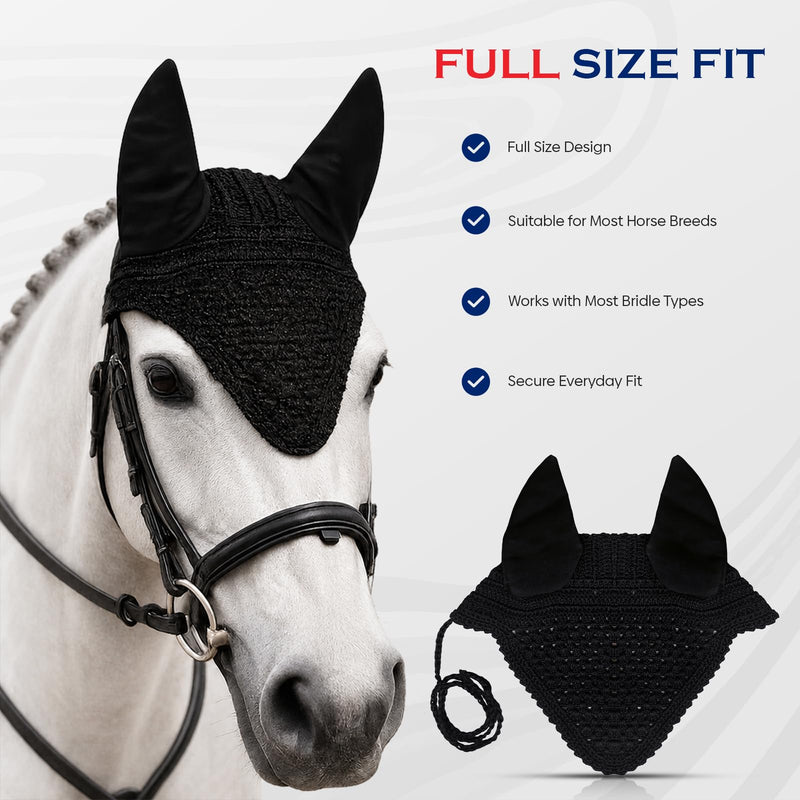 Equine Care Horse Fly Bonnet Full Size Black – Breathable Cotton Crochet Ear Bonnet, Fly Veil & Ear Net for Horses with Noise Reducing Cotton Ears for Dressage, Hunter Jumper & English Riding