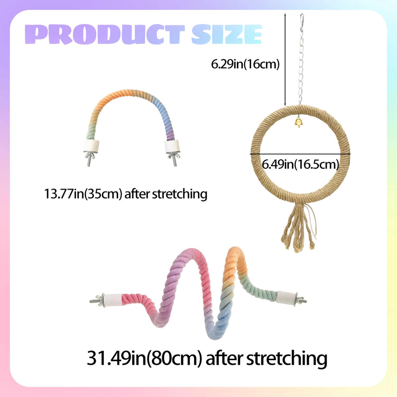 Bird Rope Perch Gradient Bendable 3Pcs Stand Bird Cage Climbing Rope Toys for Cockatiels, Budgies, Lovebirds, Parakeets, Includes a Long, a Short, and a Circular Bird Swing(32'' & 14''& 6.5'') - PawsPlanet Australia