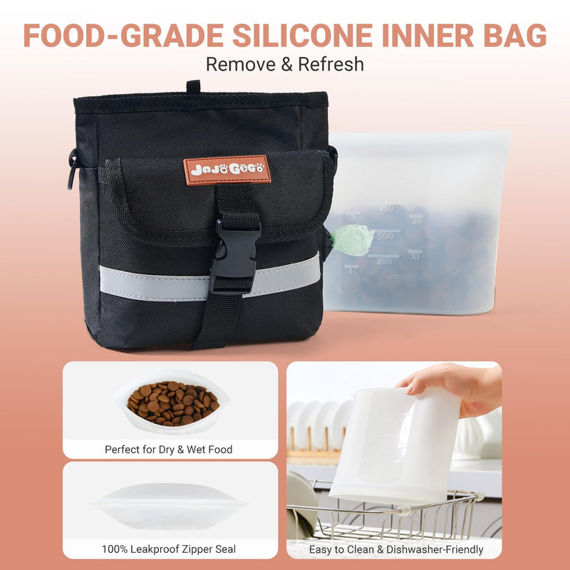 JOJOGOGO Dog Treat Pouch with 4 Cup Removalbe Silicone Bag, Magnetic Closure Treat Pouches for Pet Training and Walking, Dog Training Treat Pouch with Clicker, Puppy Snack Bag and Poop Bag Holder Black normal