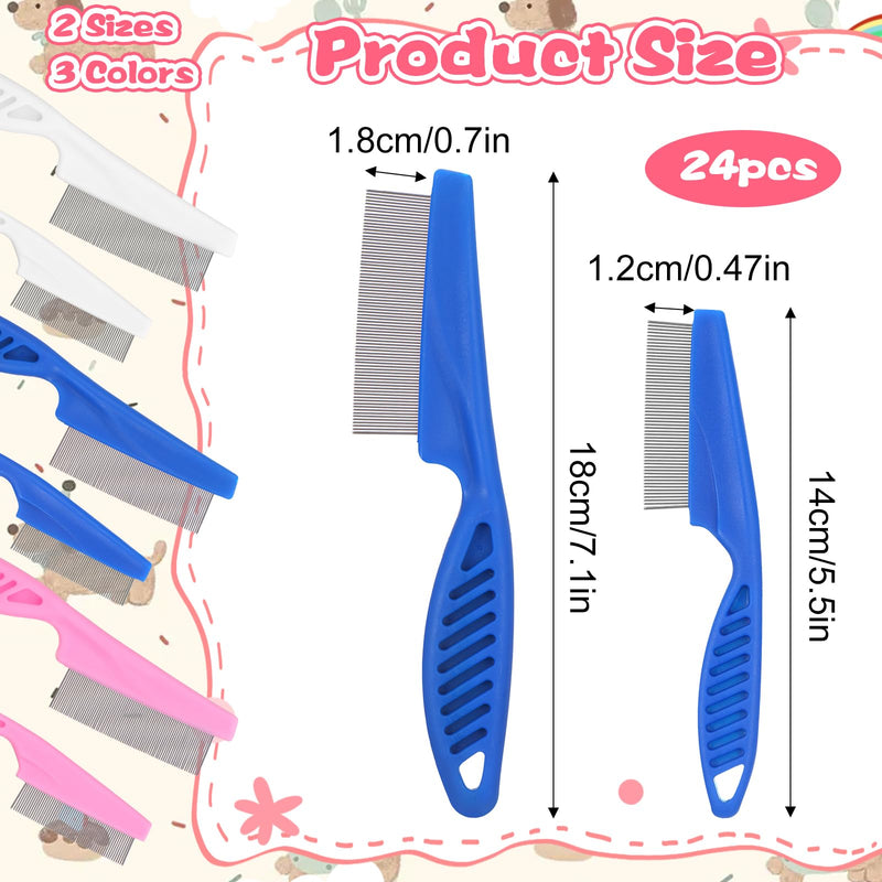 24 Pcs Flea Comb for Dogs and Cats Flea Remover Tool with Stainless Steel Metal Teeth for Detangling Grooming Kit, Pink, Blue and White, 2 Sizes - PawsPlanet Australia