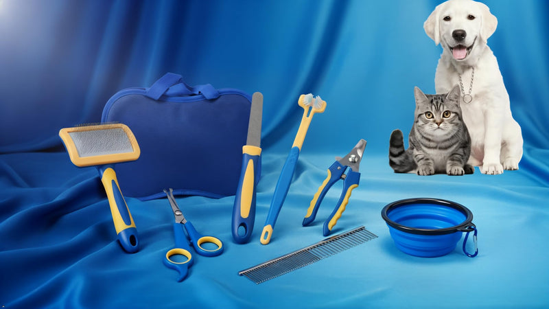 Professional 8-Piece Pet Grooming Kit for Dogs & Cats – Deshedding Brush, Nail Clippers, Scissors, Comb, Grooming,Beauty File,Collapsible Dog Bowls,pet Toothbrush,Glove & Travel Case - PawsPlanet Australia