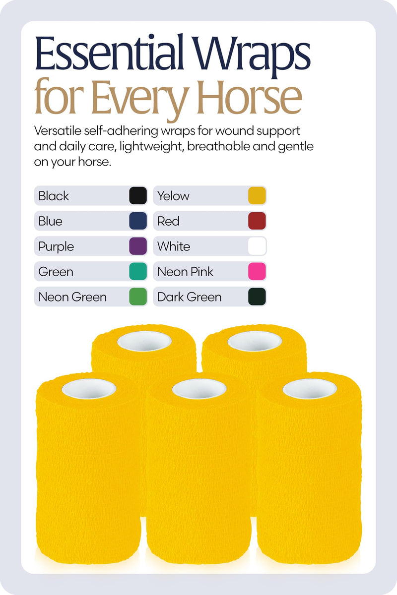 Equinavia 20 Pack Self Adhesive 4 Inch Vet Wraps with Easy-Dispenser Case | Bandages for Horses, Pets, Sports, Tattoo - Black - 20 x 5 yd - Yellow - 20 x 5 yd - PawsPlanet Australia