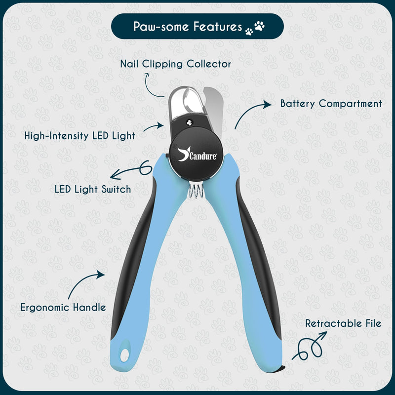 Candure LED Dog Nail Clippers with Light - Pet Nail Clippers with Light for Dogs & Cats, Sharp Stainless Steel Blades for Thick Nails, Safe Grooming Trimmer with Nail File (Sky Blue) Sky Blue Pet Clipper with LED Light - PawsPlanet Australia