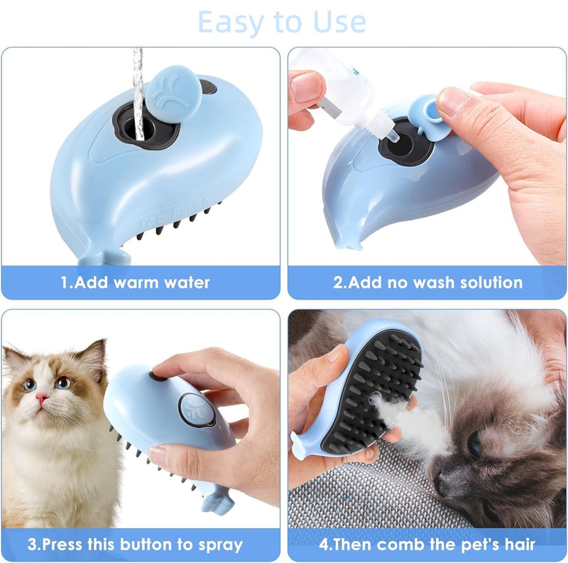 3 in 1 Cat Steamy Brush with Care Solution 2Pcs - Electric Spray Grooming Comb for Cats Dogs, Steaming Silicone Massage Brush - Self Cleaning Pet Hair Remover - Blue & Purple - PawsPlanet Australia