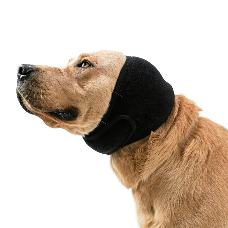 Dog Calming Hood for Noise Reduction, Long Ear Dog Snood for Eating & Drinking, Soft Stretch Ear Cover for Thunder, Fireworks, Grooming, Vet Visits & Car Rides (Black, L) Black