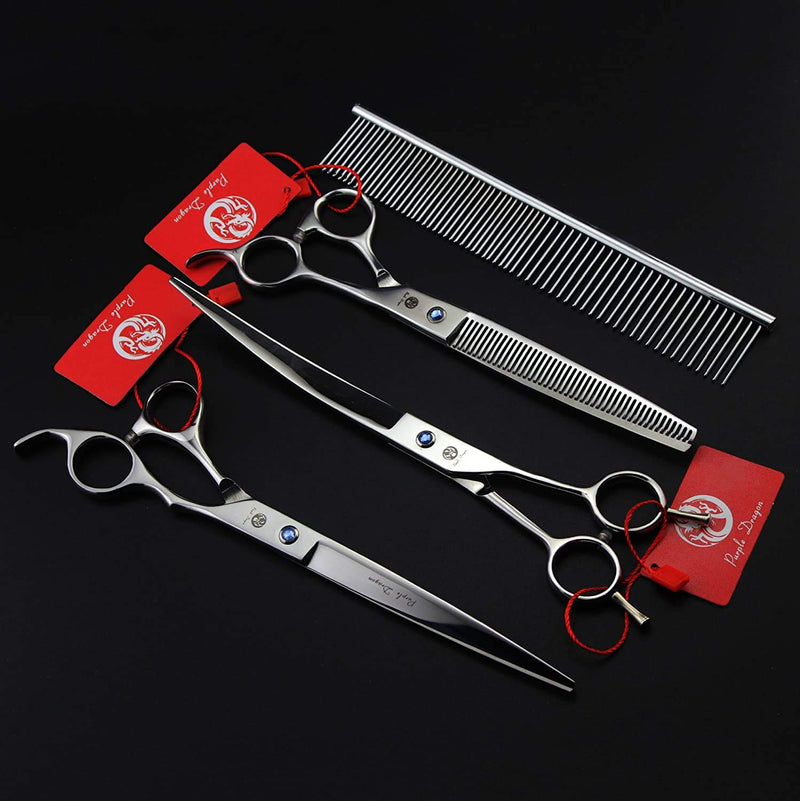 Purple Dragon 8.0 inch Dog Hair Cutting, Curved and Thinning Scissor Shears Pet Grooming Tool Kit Silver - PawsPlanet Australia