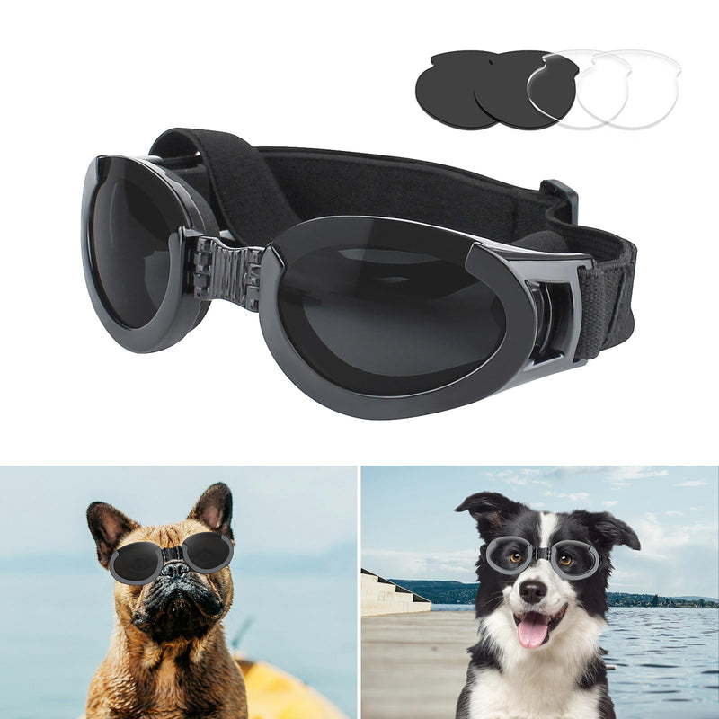 NAMSAN Interchangeable Dog Sunglasses Medium Breed, Dog Goggles for Car Rides, Dog Glasses with Replaceable Lenses for Medium Dogs, UV/Wind/Dust Eye Protection, Black/Clear