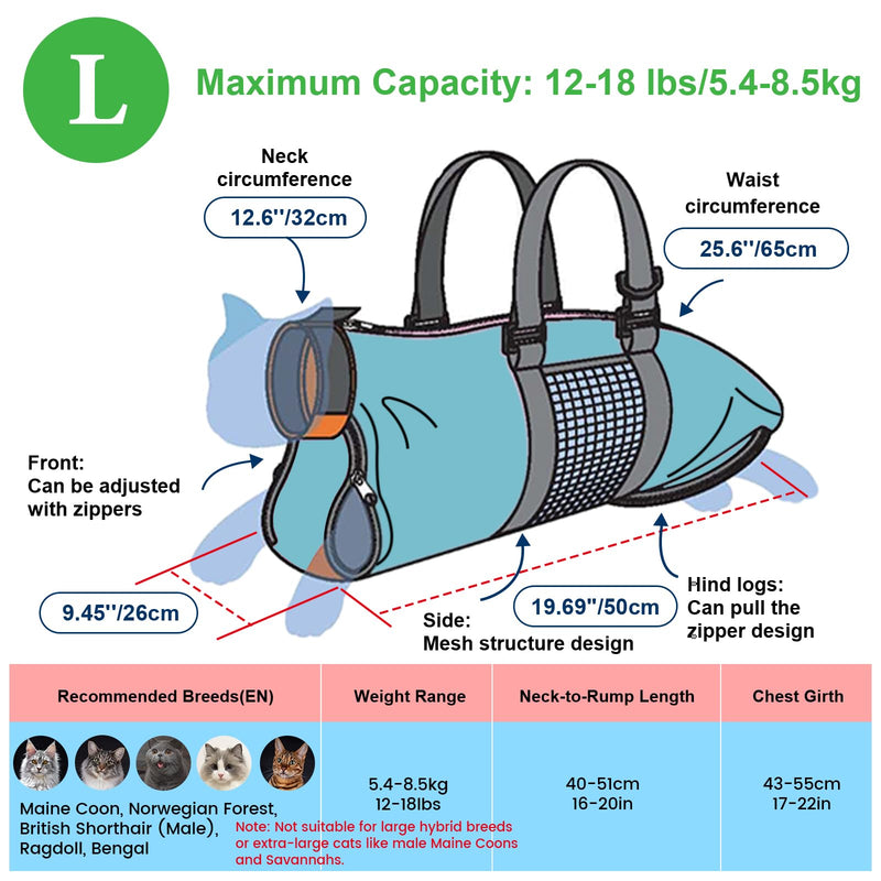 Cinf Cat Nail Clipping Cleaning Grooming Restraint Bag (Free Muzzle) Set No Scratching Biting for Bathing Nail Trimming Injecting Examining(Blue,L) L Size–Fits large breed cats (12–18 lbs) Blue - PawsPlanet Australia