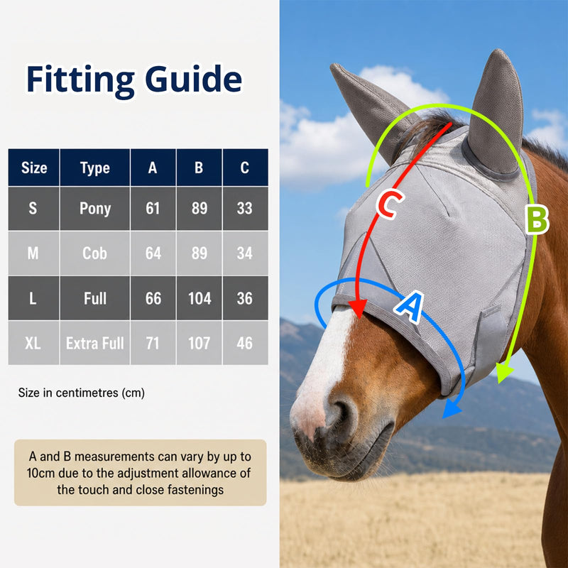 Adjustable Horse Fly Mask with Ears, UV Protection Mesh Fly Mask for Horse, Comfortable No Nose Design, Fits Average & Large Horse, Ideal as UV Fly Mask for Horses Against Insect Pests