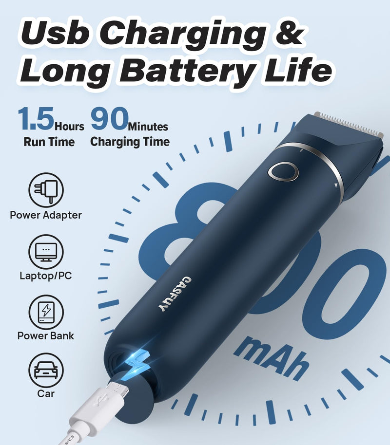 Casfuy Cordless Hair Trimmer, Low Noise Grooming Clipper for Dogs Cats & Small Pets, USB Rechargeable, Double Blades for Trimming Hair Around Paws, Eyes, Ears, Face, Rump German Blue - PawsPlanet Australia