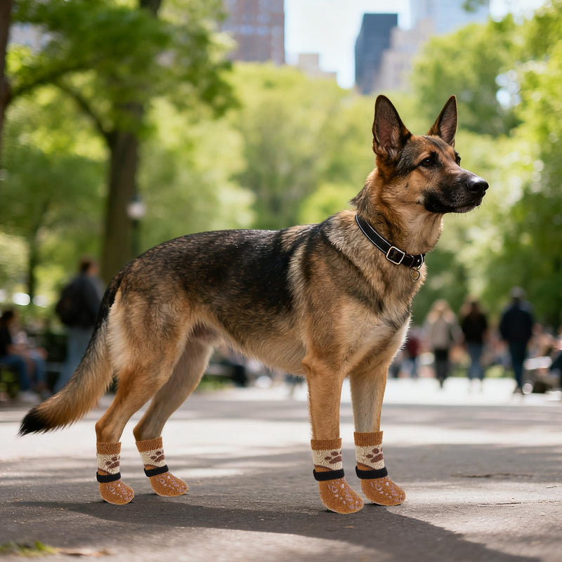 KOOLTAIL Dog Socks Shoes for Hot Pavement, Breathable & Warm Winter Dog Booties to Prevent Licking Paws for Small Medium Large Senior Dogs,Non Slip Grippy Pet Boots & Paw Protectors for Hardwood Floor Large(4 Pack) Khaki+brown