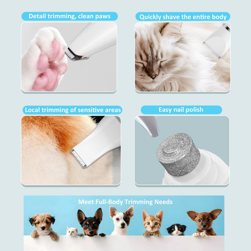Dog Clippers for Grooming, 4 in 1 Dogs Paw Trimmer Pet Grooming Kit, Low Noise Dog Shavers with Nail Grinder Quiet, Rechargeable Cordless Electric Pets Clippers, 2-Speed Pet Hair Trimmer for Dogs Cat Off-white