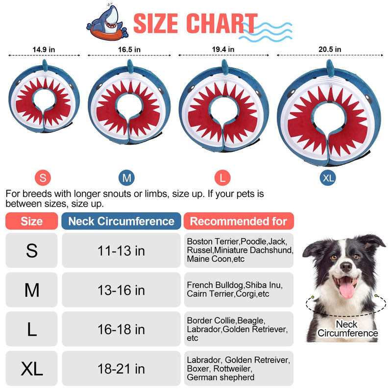 BEAUTYZOO Dog Cone Alternative After Surgery for Large Medium Small Dogs, Soft Inflatable Cone Collar for Dogs Cats, Dog Neck Donut E Collar Dog Recovery Collar to Stop Licking, Shark Blue, L L(Neck:16"-18") Shark Donut