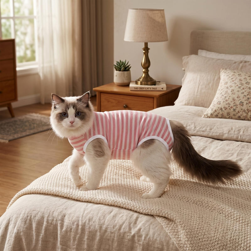 Cat Surgery Recovery Suit for Female Spay Male Neuter, Anti Licking Surgical Onesie for Skin Diseases, Soft Breathable Bodysuit Shirt Pajamas for Abdominal Wound, E-Collar & Cone Alternative Pink Small