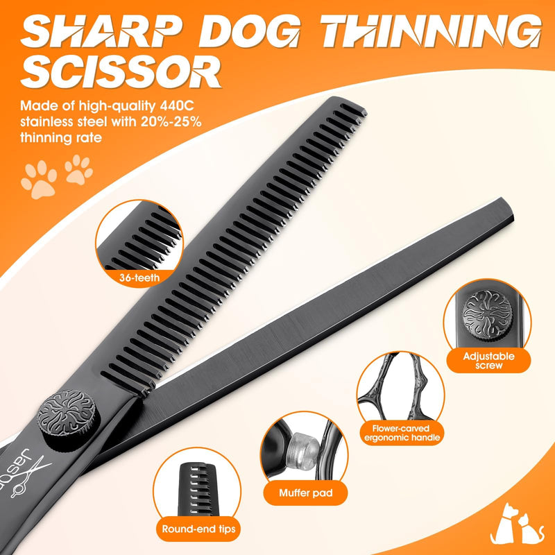 JASON Dog Grooming Scissors Set Professional 6 in 1 Dog Shears Kit - 6.5" Thinning, 7" Straight, 7" Up-Curved, 7" Down-curved Shears and Comb for Cat Pet with Adjustable Screw (Black) Christmas Black - PawsPlanet Australia