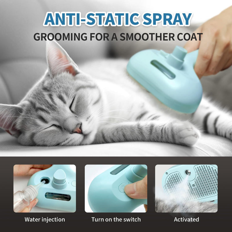 Cat Steam Brush for Shedding, 3 In 1 Self Cleaning Steamy Pet Brush Anti Static Flying Hair Spray Cat Comb for Long and Short Hair Pets Grooming Remove Loose Haired Reduce Shedding (Blue) Blue - PawsPlanet Australia
