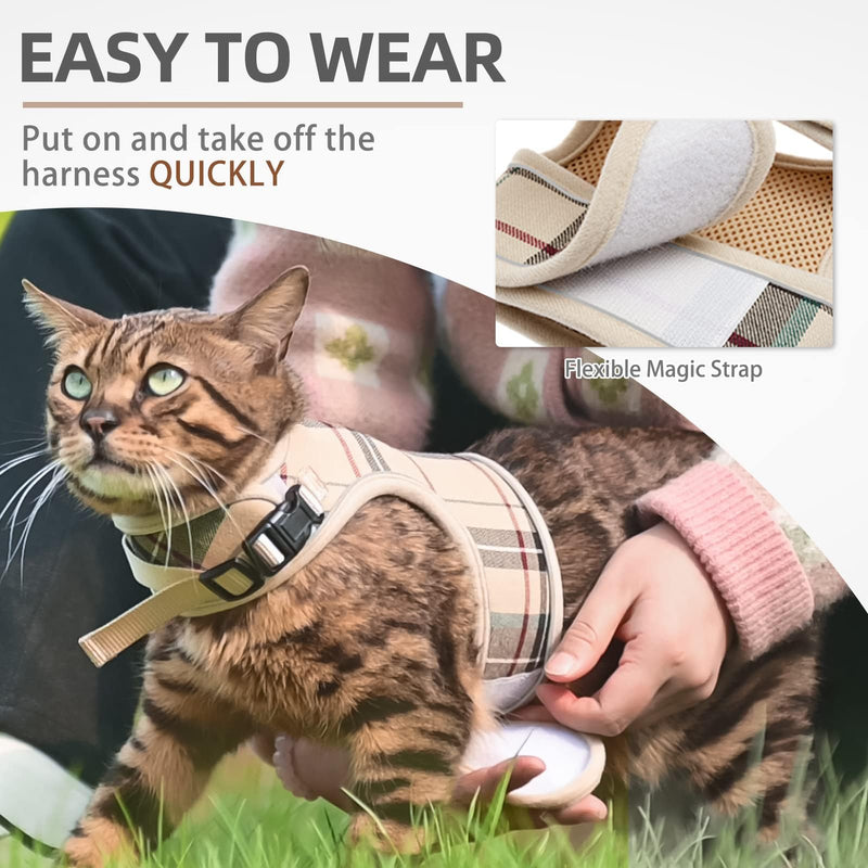 PUPTECK Soft Mesh Cat Vest Harness and Leash Set Puppy Padded Pet Harnesses Escape Proof for Cats Small Dogs Rabbits Bunny, Plaid Beige, L L(NECK 8.5"-10.5", CHEST 12.5"-15", 6-10 lbs) Beige(Plaid) - PawsPlanet Australia