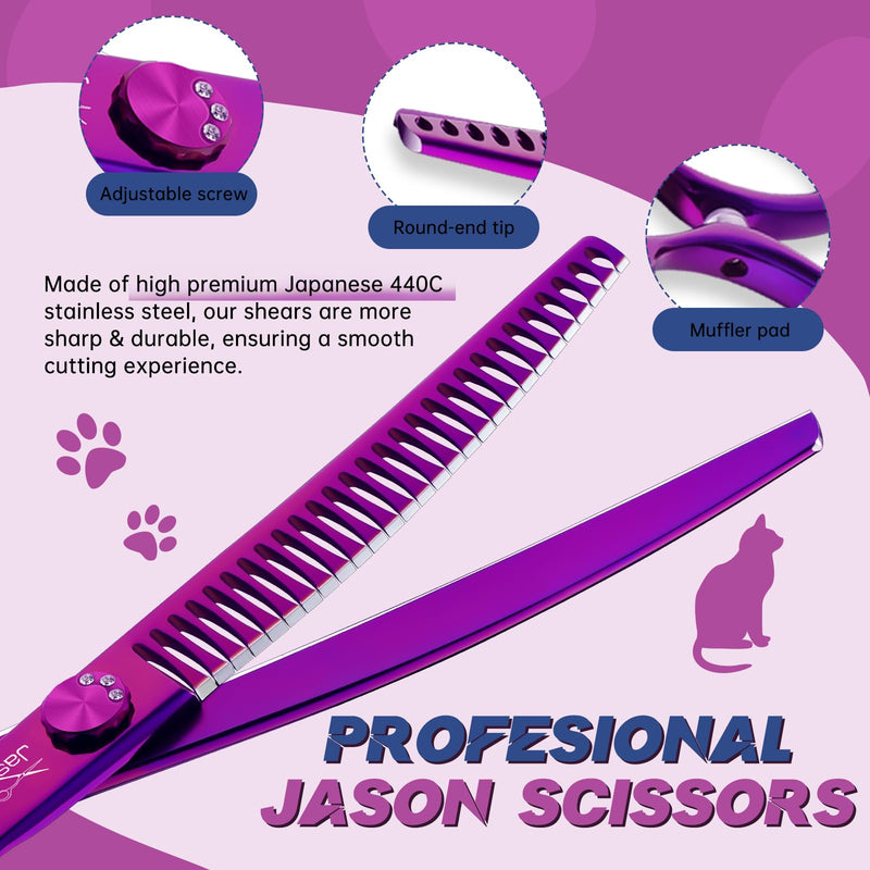 JASON 7" Dog Grooming Scissors - Ergonomic Curved Chunkers Purple Curved Dog Shears 440C Stainless Steel Grooming Shears Professional Pet Shears For Groomer (28-Teeth, Down-curved) Up-Curved Chunker - PawsPlanet Australia