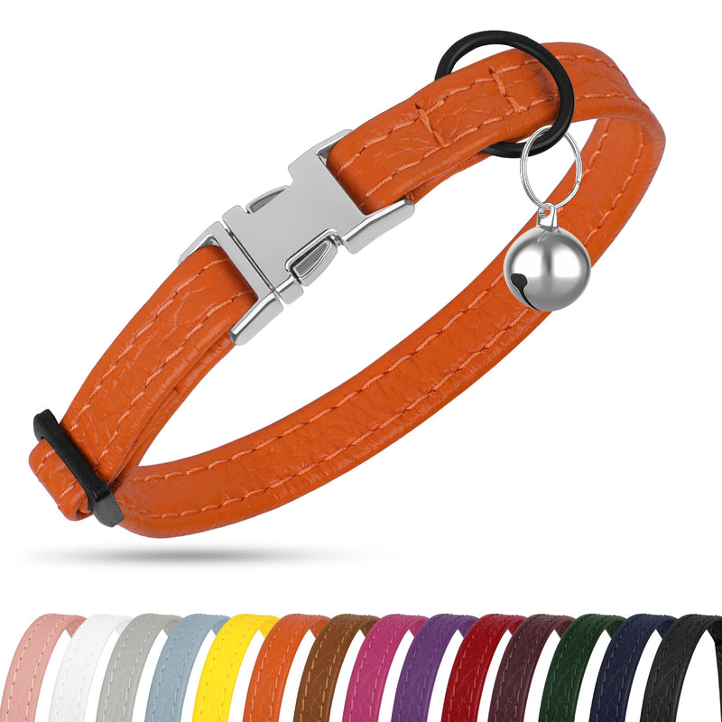 Leather Cat Collar with Buckle and Removable Bell - Non Breakaway Adjustable Soft Safety Small Pet Collars for Girl Boy Cats Kitten (Orange) Orange - PawsPlanet Australia