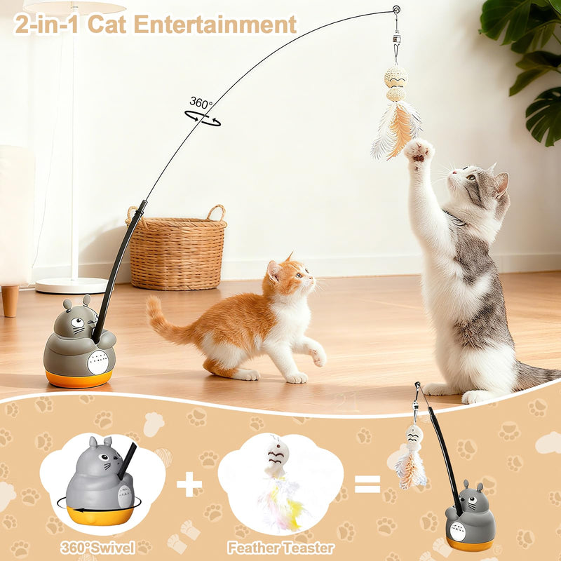 360° Rotatable Interactive Cat Toy, Automatic Cat Wand Toy with Peel-and-Stick Base, Moving Feather, Fish and Bell, Detachable Cat Teaser, Two Model, Cat Toys for Indoor Cats, Kitten and Adult Cats - PawsPlanet Australia