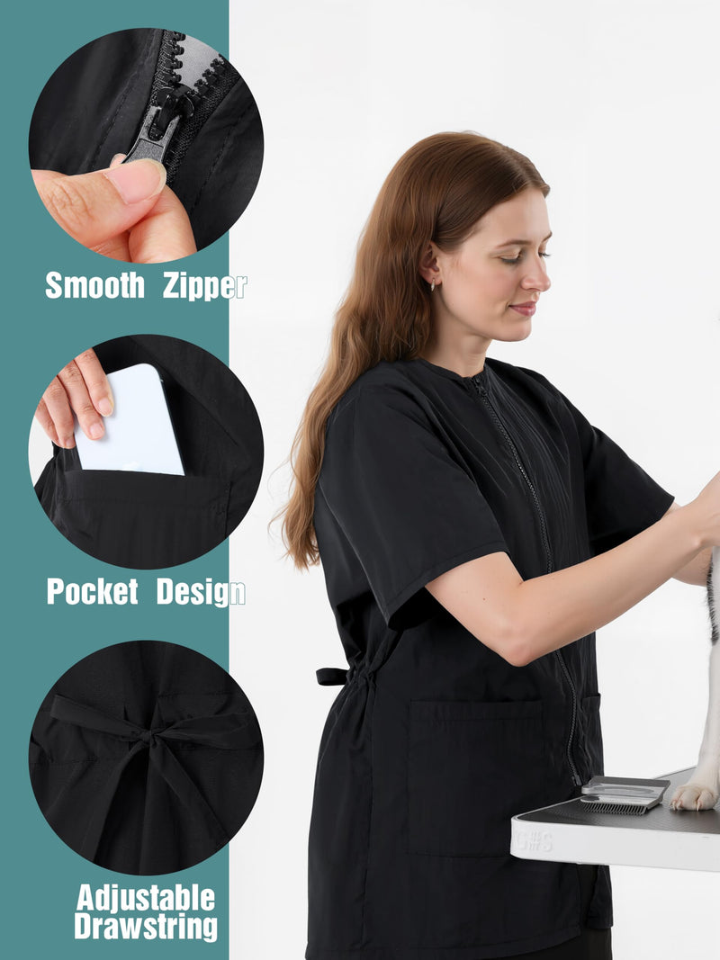 SOMSOC 2 Pack Waterproof Pet Grooming Workwear Short Sleeve Drawstring Zipper Anti Static Uniform with Pocket for Men Women X-Large - PawsPlanet Australia