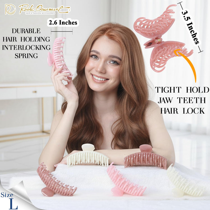 RC ROCHE ORNAMENT 6 Pcs Womens Wide Claw Strong Hold Interlocking Teeth Nonslip Styling Fashion Beauty Accessory Classic Clamp Jaw Clip, Large Cherry Blossom Kiss Collection (Large) Cherry Blossom Kiss