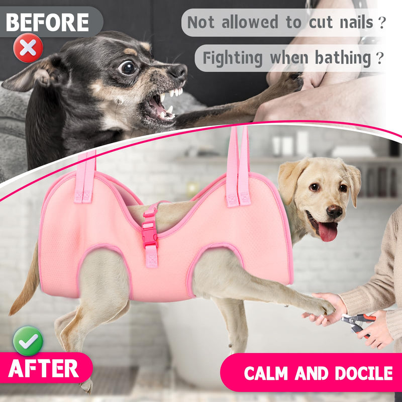 Supet Dog Grooming Hammock for Dog and Cat, Relaxation Pet Grooming Sling Helper, Breathable Pet Grooming Hammock for Nail Trimming, Ear/Eye Car with Nail Clippers/Trimmers/Scissors L（ Legs Spacing：10.6"-15" / Max W：70LBS） Pink - PawsPlanet Australia