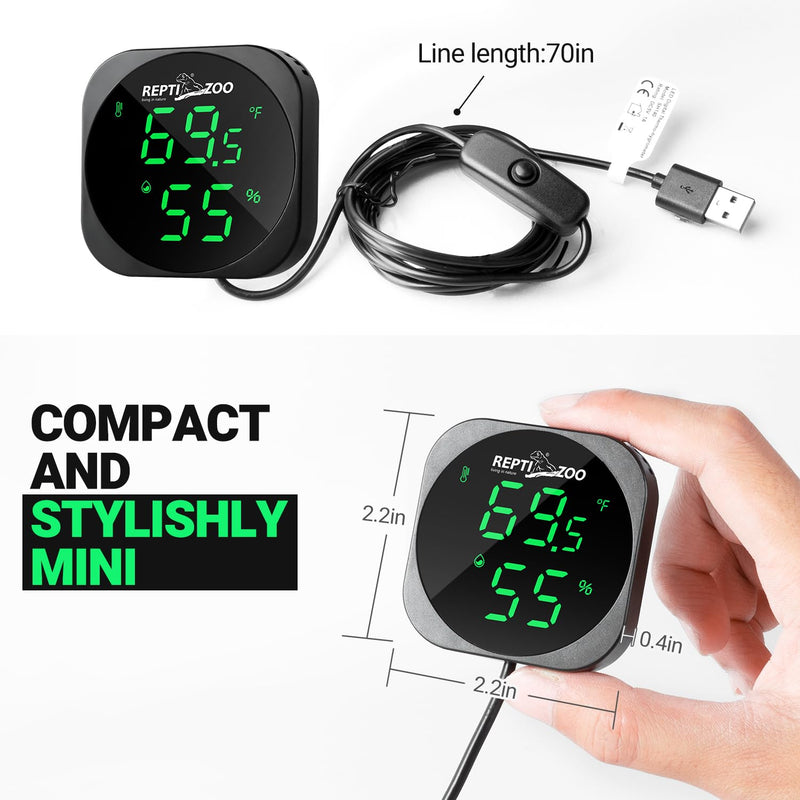 REPTI ZOO Thermometer Hygrometer, LED Digital Thermo Hygrometer for Reptile Terrarium Pet Rearing Box, Reptile Tank Thermometer with 55.2" Cable USB Power Supply Black - PawsPlanet Australia