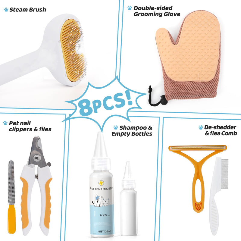 Pet Steam Brush for Dog & Cat – 3-in-1 Spray Hair Removal Comb for Shedding & Grooming, Softens Fur & Reduces Static – Water Brush for Long & Short Coats, Bath-Hating Pets, Includes Waterless Shampoo 7.6″-124ML