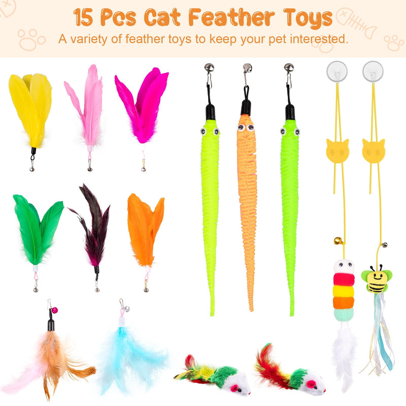 Depets Cat Wand Toy, 15 Pcs Interactive Cat Feather Toys, Cat Teaser Toy for Indoor Cats Self Play, 2 Play Modes Cat Toys Wand, Reusable Suction Cup Cat Toys for Indoor Cats Kittens Play Exercise