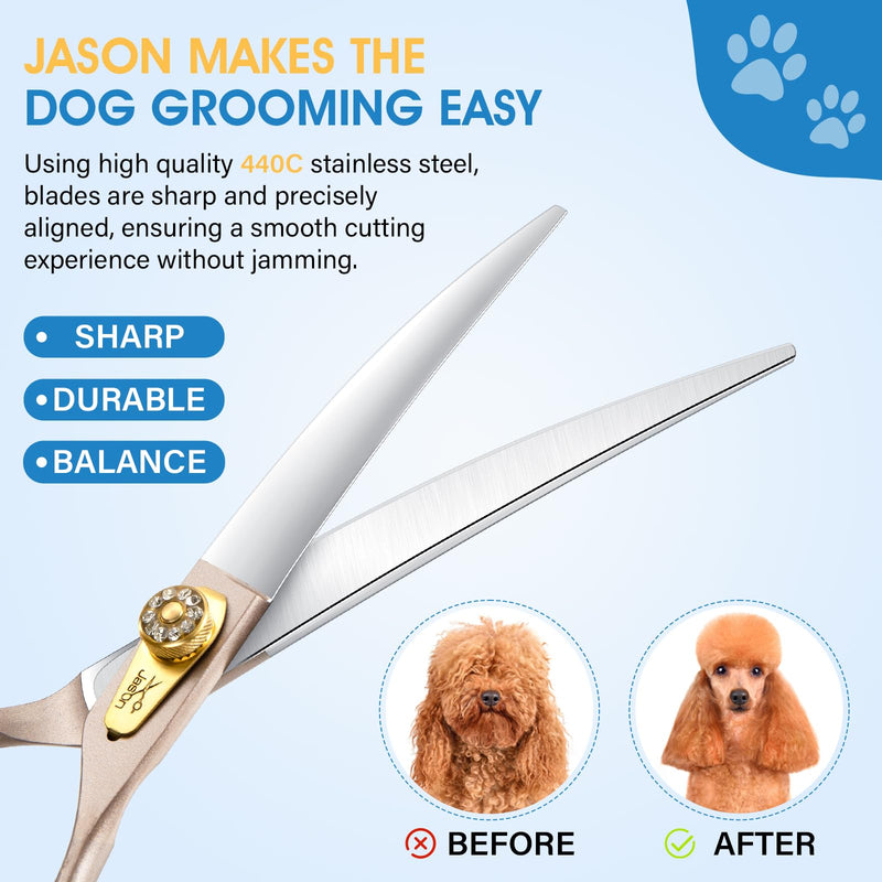 JASON Professional Dog Grooming Scissors - 7 Inch Curved Shear Japanese 440C Stainless Steel Dog Scissors with Diamond Screw, Rosegold, Sharp & Durable