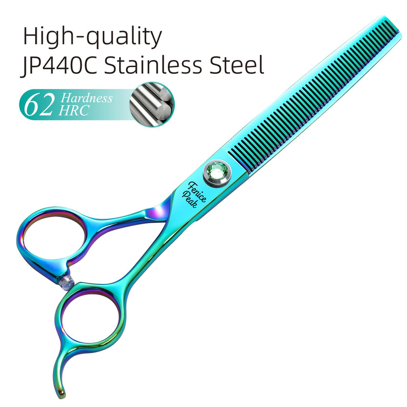 FENICE PEAK 7'' Green Thinning Dog Grooming Scissors Pet Shears with Ergonomic Offest Handle and Simulated Emerald Screw 440C Grooming Scissors Trimming Shears Durable and Sharp Thinner 7"