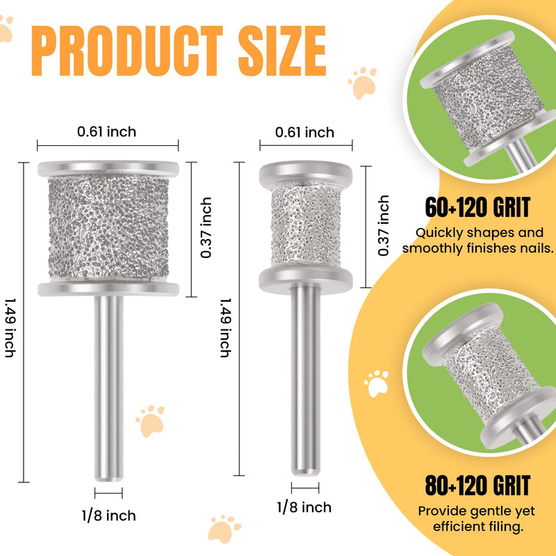 CAELUM 2Pack Diamond-Coated Pet Nail Grinder Bits, Dual Grit for Large & Small Dogs, 1/8” Shank for Dremel Nail Tools, Low Noise, Durable Nail Trimmer for Dogs, Top & Side Grinding 2pcs-60/120Grit+80/120Grit - PawsPlanet Australia