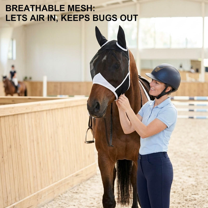 1PCS Fly Mask for Horses, Summer Turnout Protection with Enhanced Visibility, Breathable Mesh and Knit Fabric Design, Tangle-Free Fly Mask for Outdoor Riding and Stable Management (Full (Large))