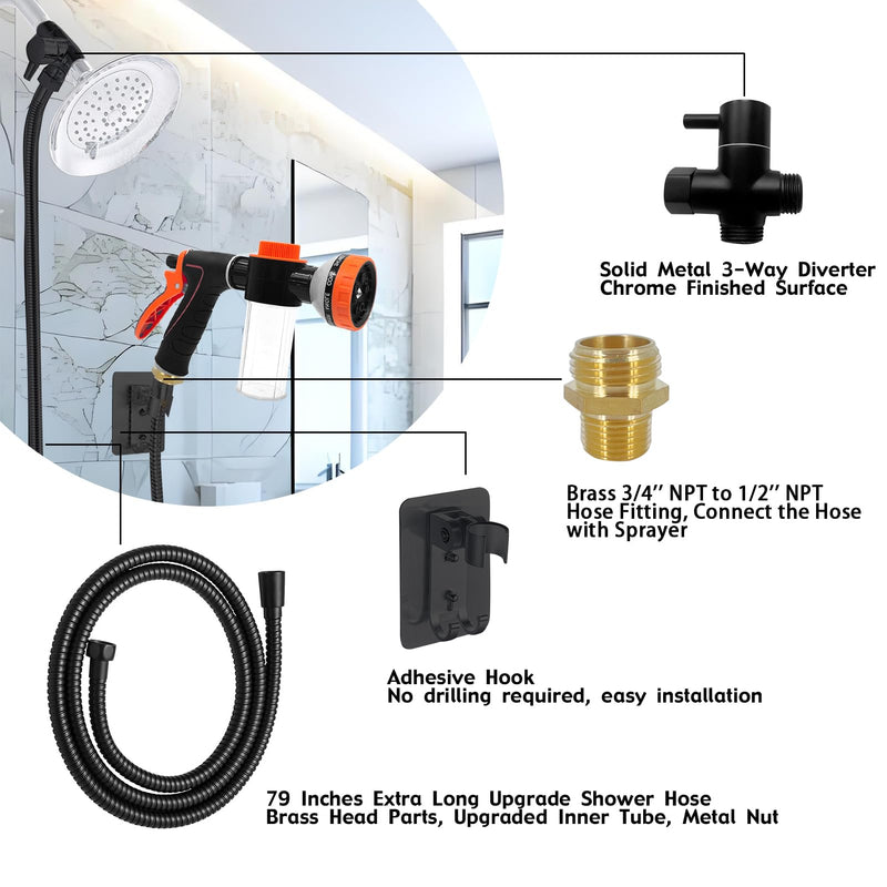 Dog Washing Hose Attachment for Pet Bathing with Black Shower Diverter, Pup Dog Wash Hose Nozzle Shampoo Sprayer for Indoor Outdoor Pet Shower, Dog Shower Attachment with Dog Brush - PawsPlanet Australia