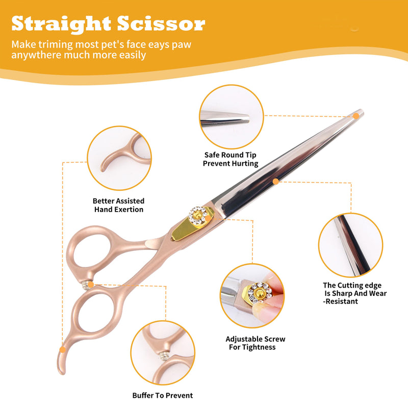 7 Inch Professional Dog Grooming Scissors Kit, 6-in-1 Grooming Scissors for Dogs, Pet Grooming Shears Set, Straight Scissor & Thinning Shear & Curved Scissor & Chunker Shear (Rose Gold) Rose Gold 4 pieces - Professional Kit - PawsPlanet Australia